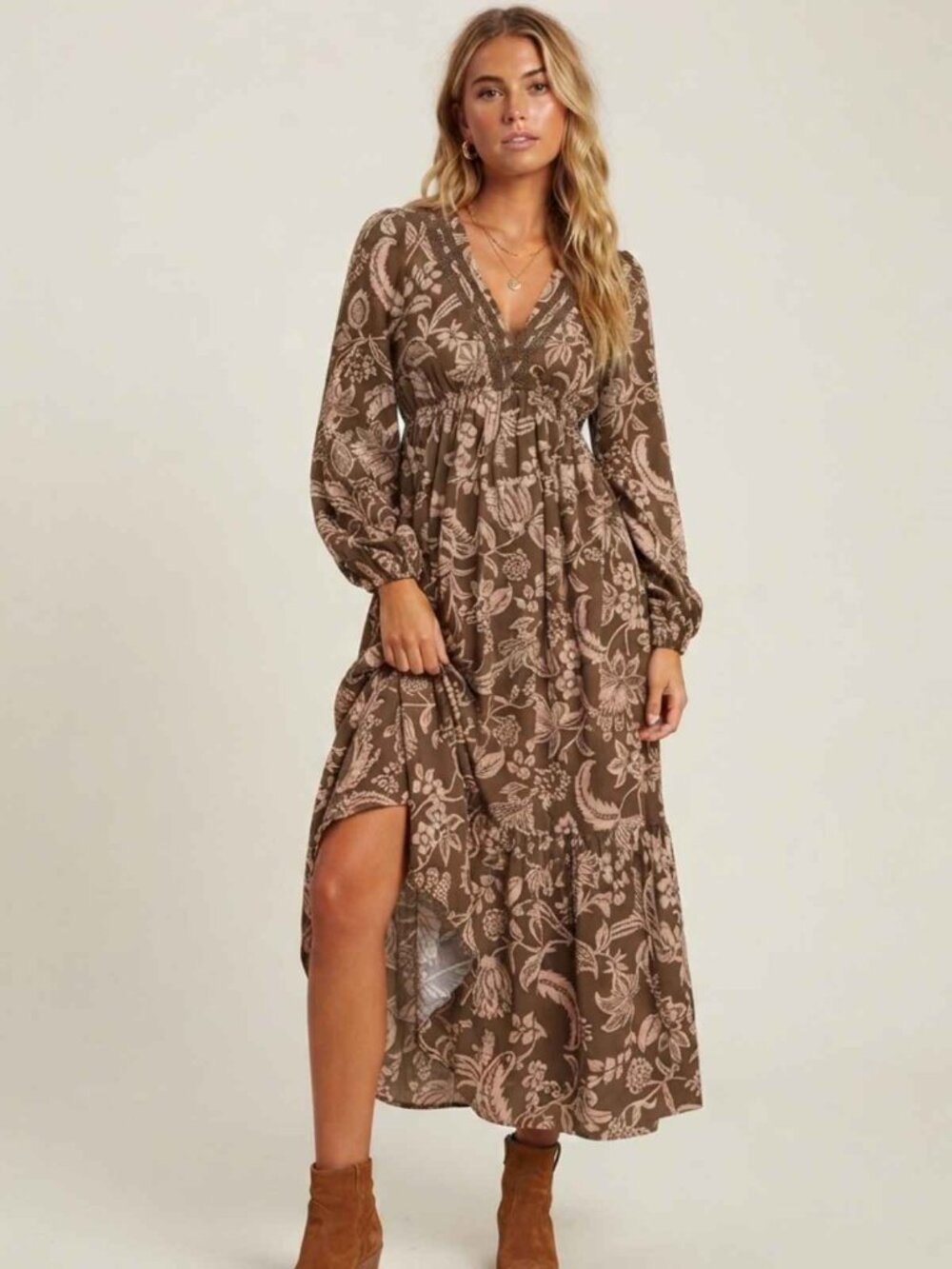 Rusttydustty Brown Floral Tiered Midi Dress Size Large 39569